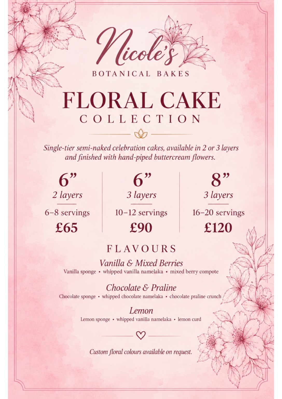 Floral celebration cake menu with sizes, flavours and prices